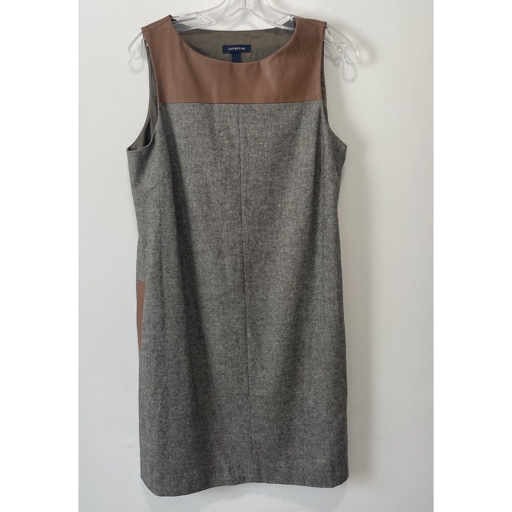 LANDS' END 10 Wool Leather Jumper Sleeveless Shift Dress Brown Tweed Academia